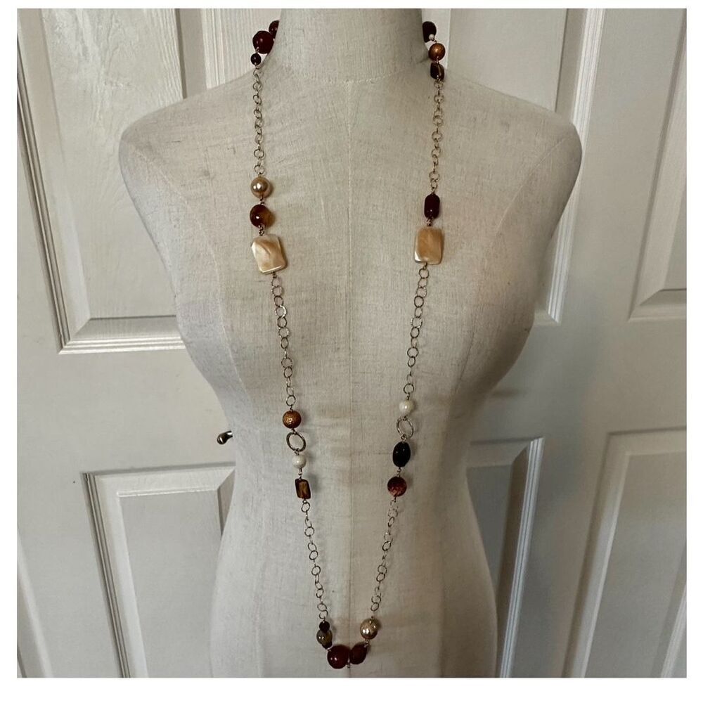 Brown natural stones gold tone long chain necklace